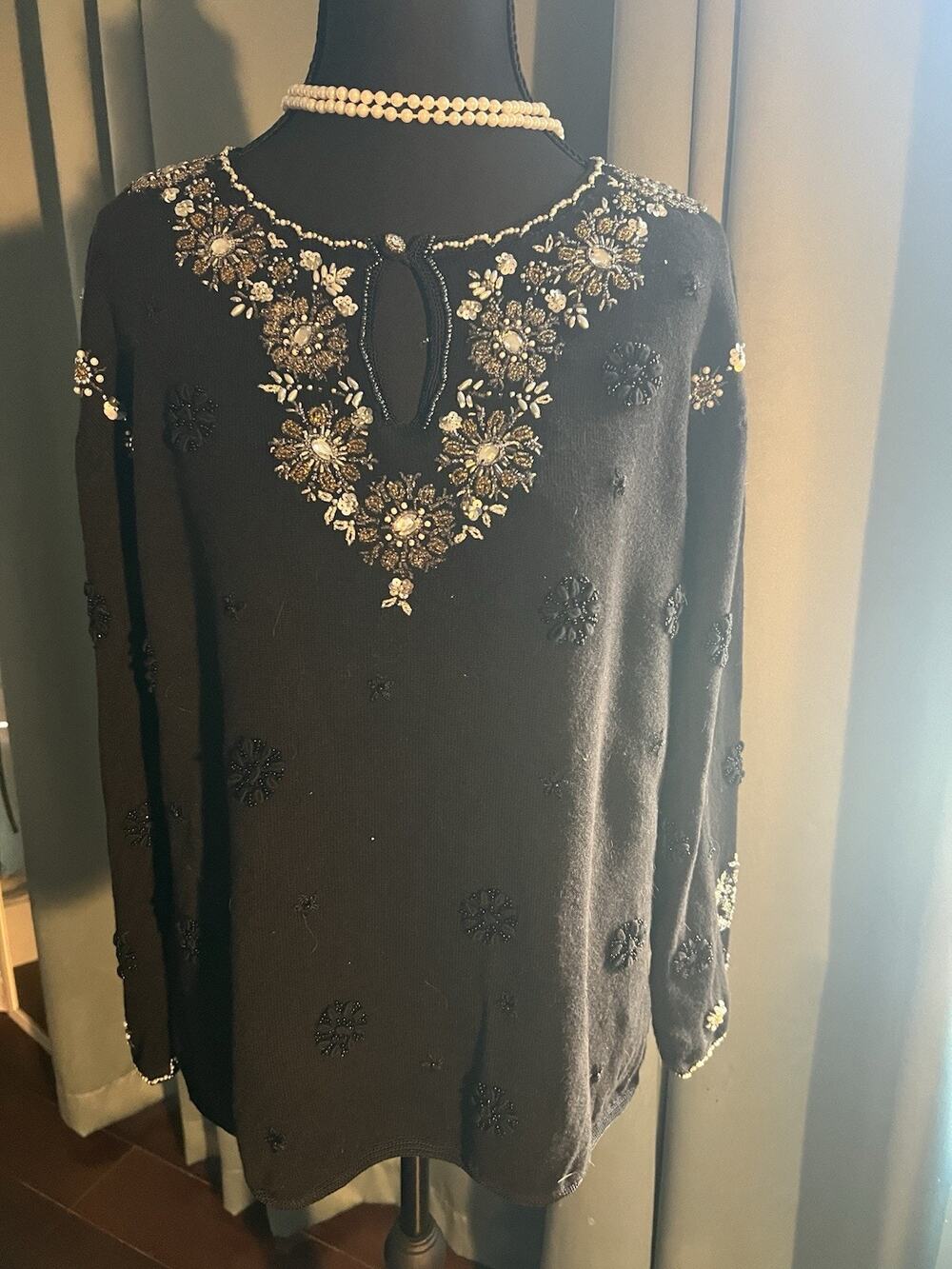 Vintage 80’s Berek 2 by Takako Sakon Black Beaded Rhinestone Sweater XL